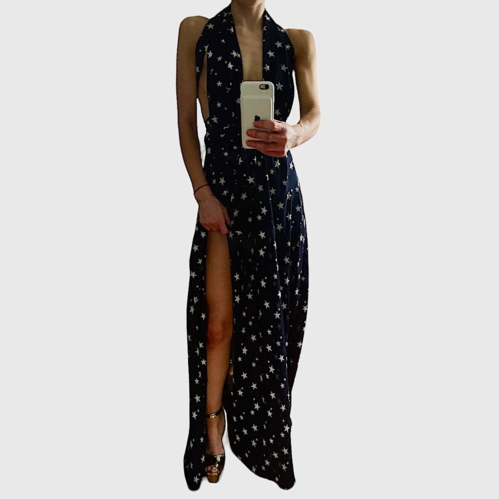 LIONESS MULTIWAY HALTER MAXI DRESS IN NAVY/WHITE STARS